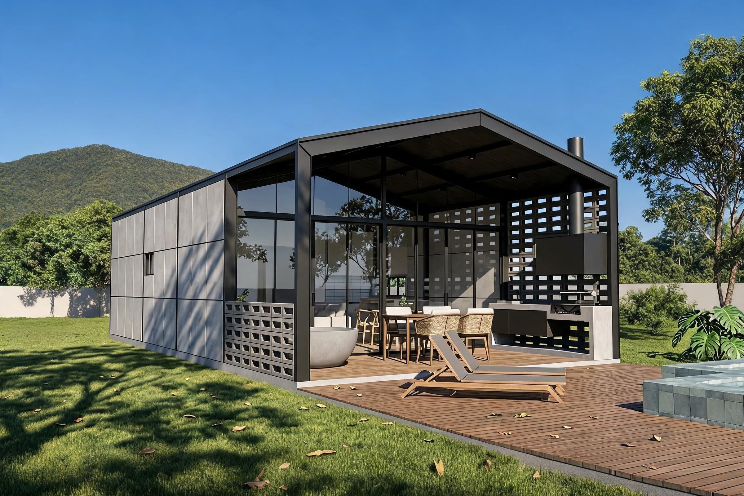 Proyecto CRUDO con techo a dos aguas, galería vidriada, cobogós de concreto, deck de madera y pileta