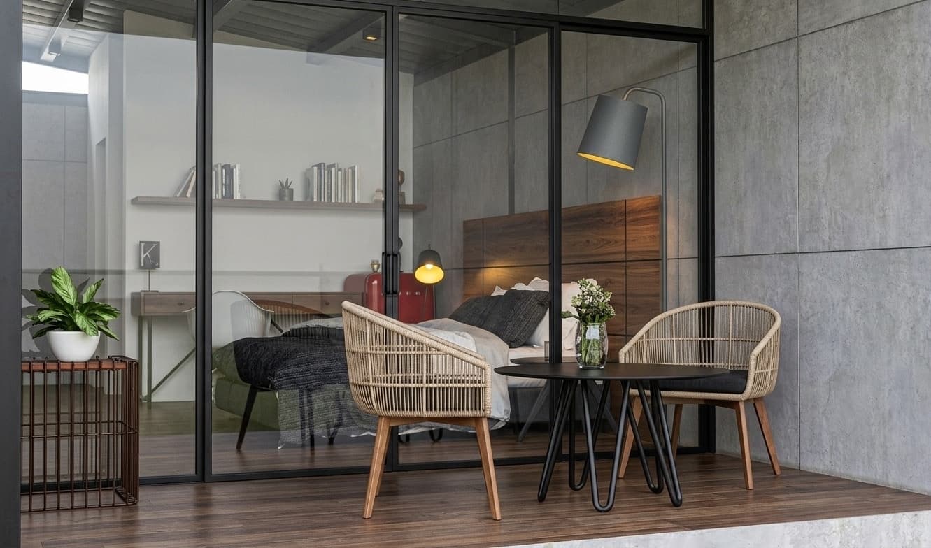 Galería exterior de CRUDO 01 con mesa y sillones de fibra, vista al dormitorio a través del frente vidriado
