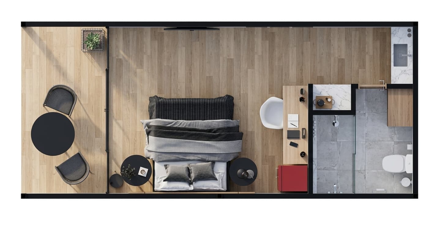 Planta de CRUDO 01: dormitorio, estar, baño con ducha y galería exterior