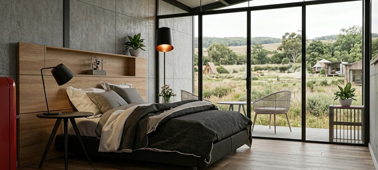 Dormitorio de CRUDO 01 con ventanales de piso a techo y vista abierta al entorno
