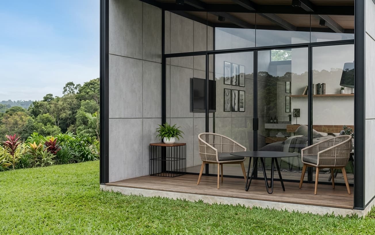 Galería exterior de CRUDO 01 con mesa de comedor, sillas y vista al jardín