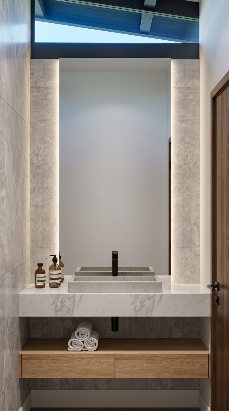 Baño de CRUDO 01 con bacha de concreto, mesada de mármol y espejo iluminado