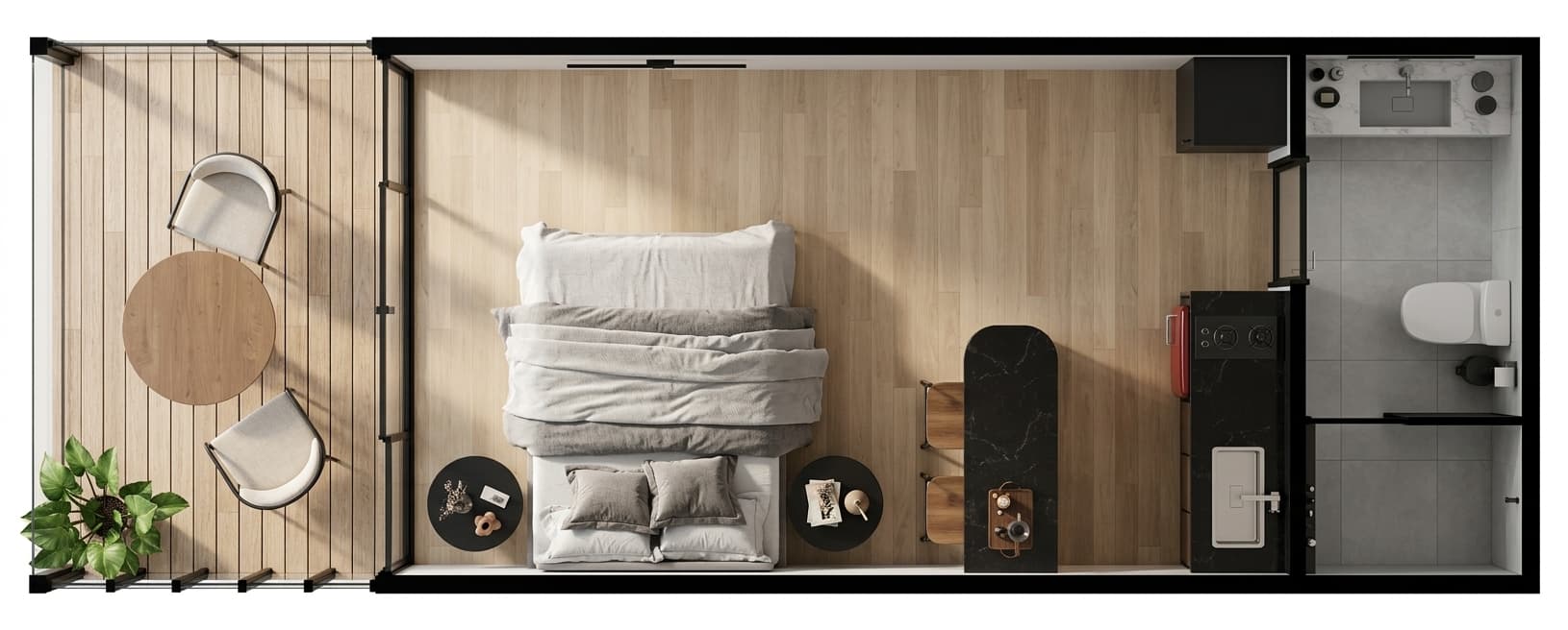 Planta de CRUDO 02: deck exterior, dormitorio, kitchenette con barra y baño con ducha