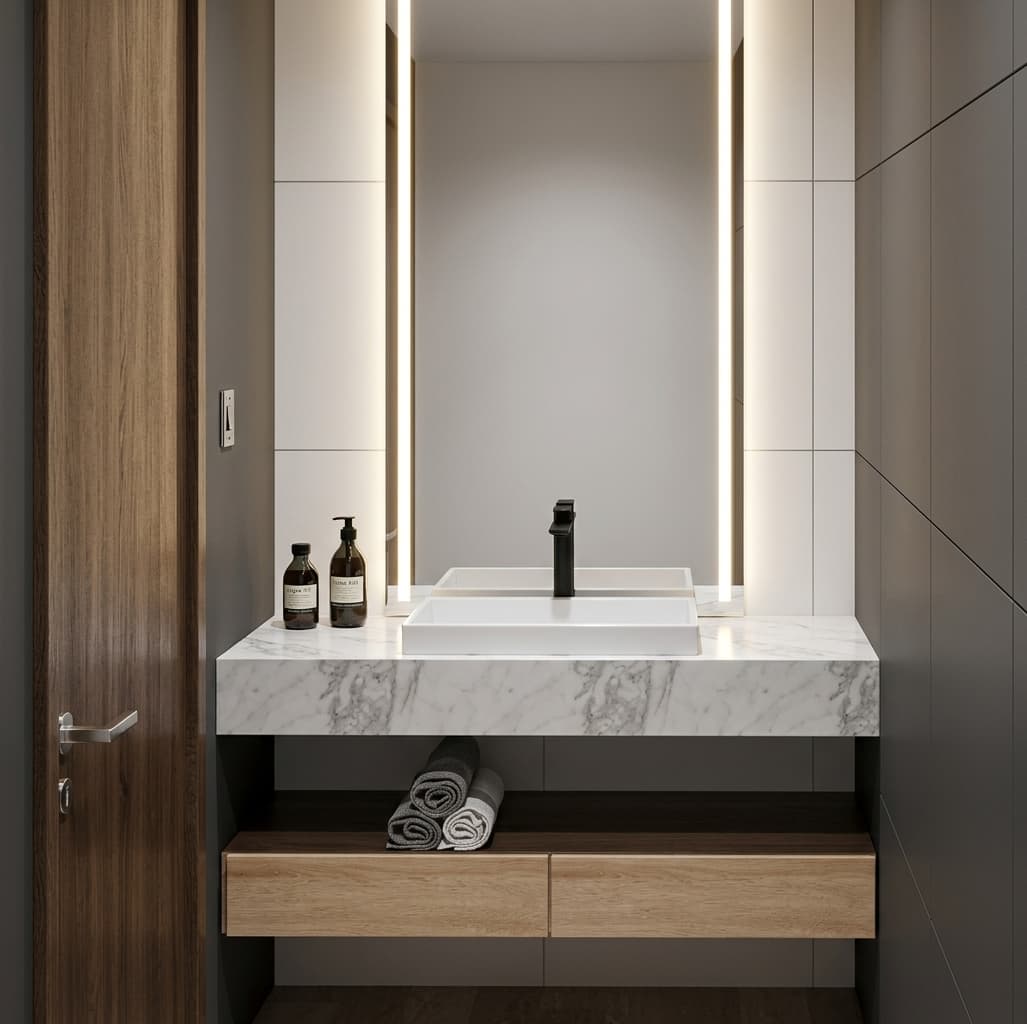 Baño de CRUDO 02 con bacha de apoyo, mesada de mármol y espejo iluminado