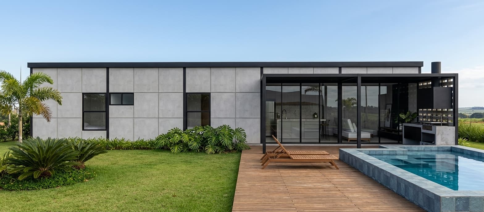 Fachada de CRUDO 03 en paneles de hormigón, con jardín, deck de madera y pileta integrada