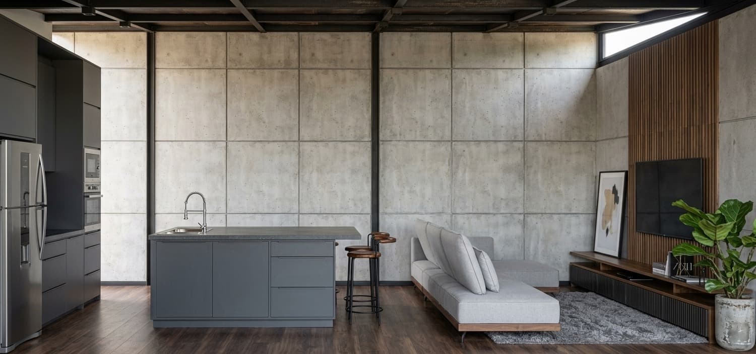 Interior de CRUDO 03: cocina integrada al estar, con muro de paneles de hormigón y revestimiento de madera