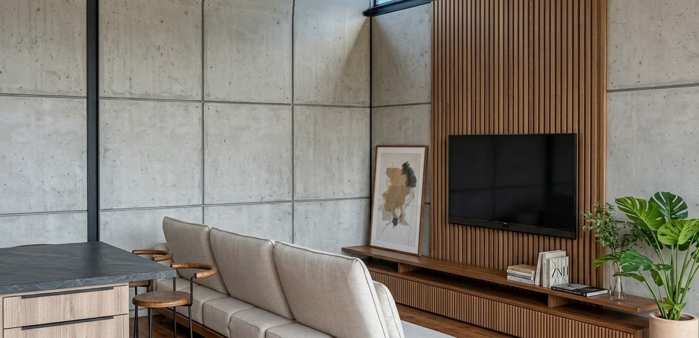 Living de CRUDO 03 con muro de hormigón visto y panel de madera para TV