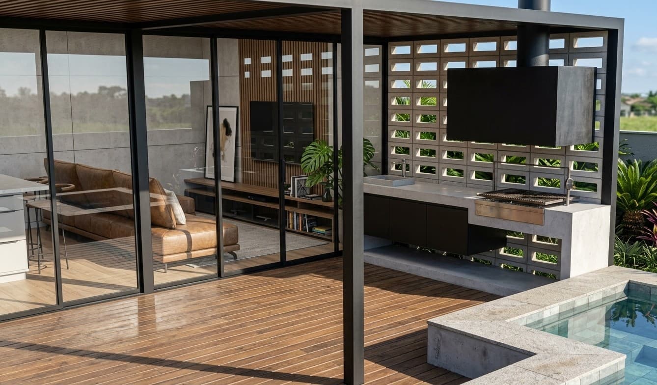Cocina exterior de CRUDO 03 bajo pérgola, con parrilla y cobogós de concreto