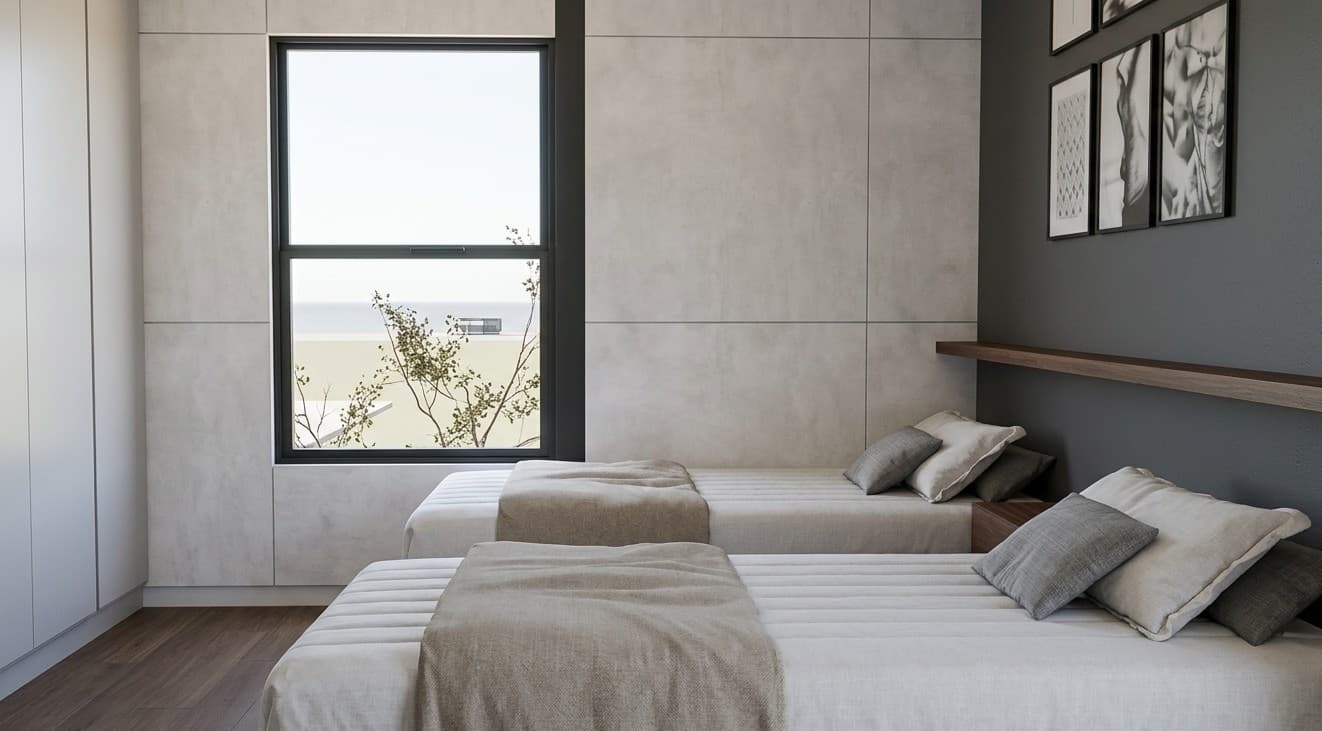 Dormitorio secundario de CRUDO 03 con dos camas y vista al exterior