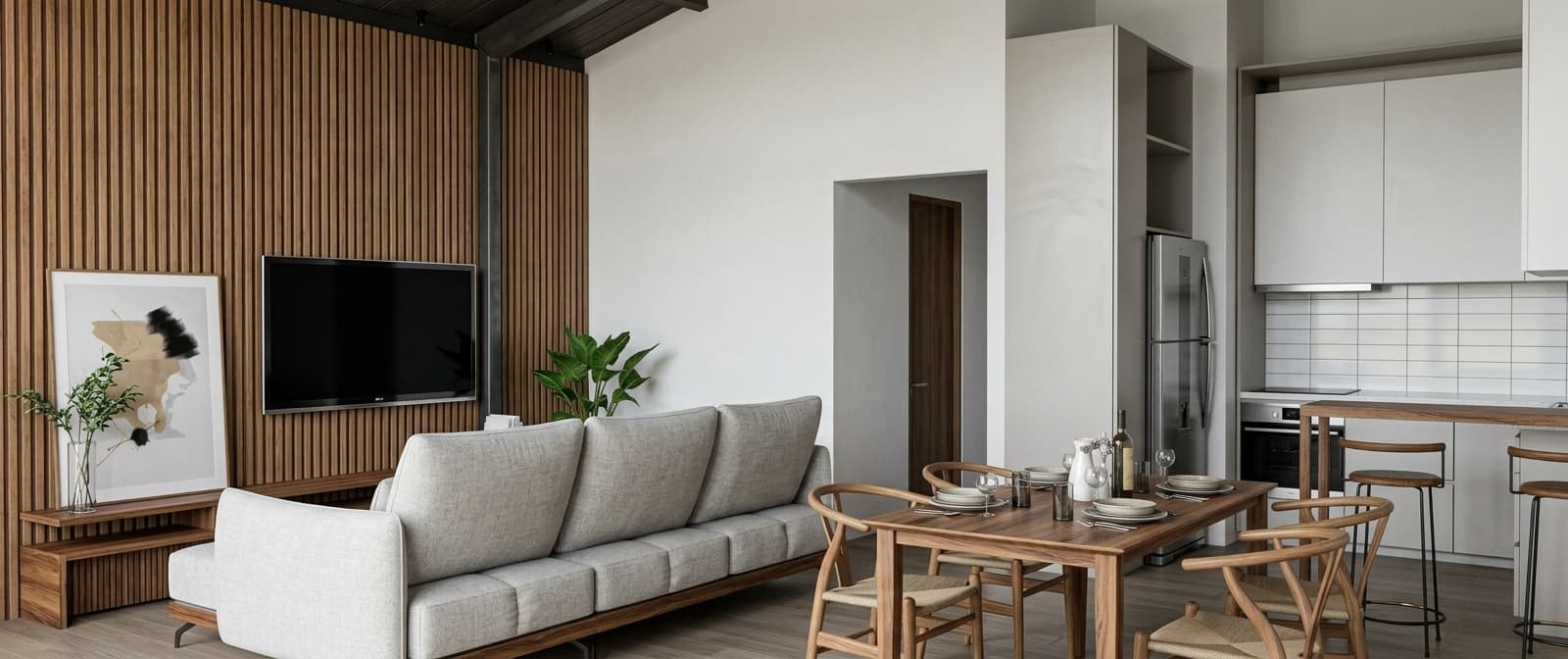 Estar de CRUDO 04 con panel de madera para TV, integrado al comedor y la cocina