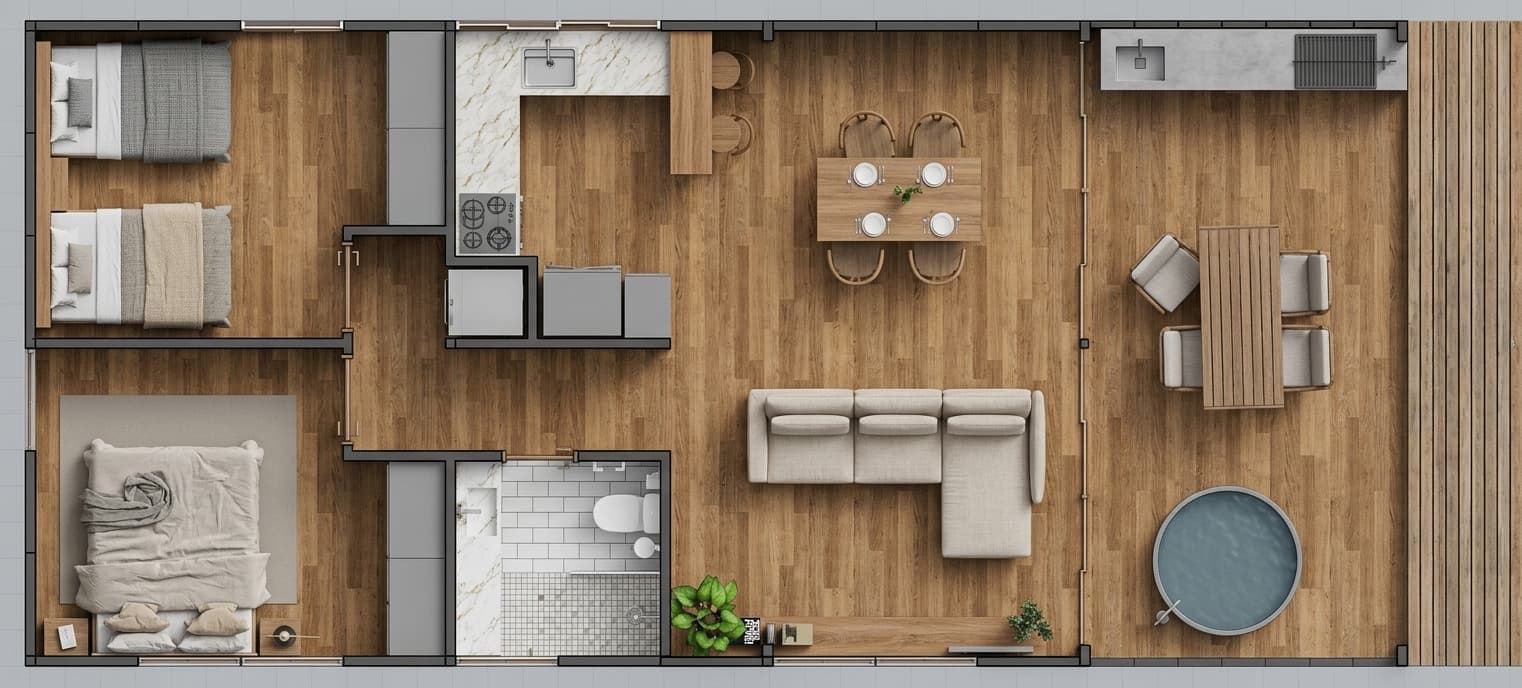 Planta de CRUDO 04: dos dormitorios, baño, cocina con barra, comedor y estar integrados, y quincho con deck