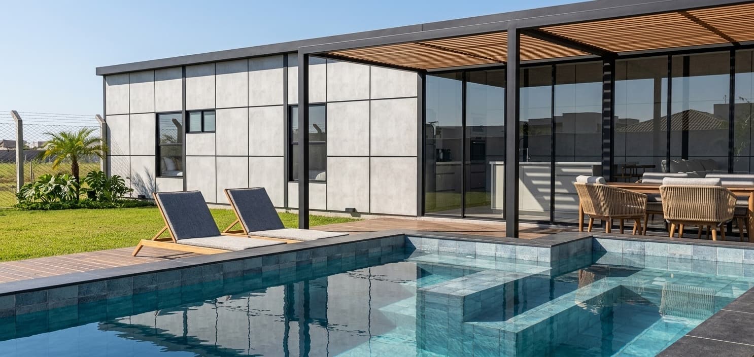 CRUDO 03 con pileta, pérgola metálica y cobogós de concreto