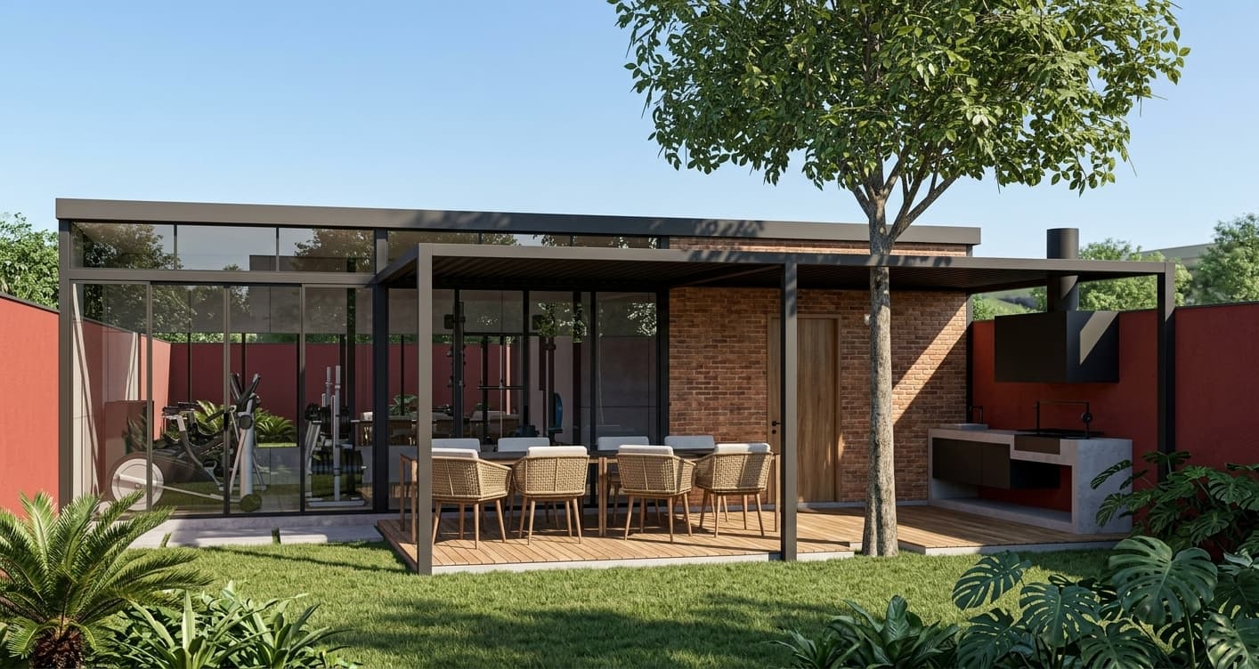 Quincho CRUDO con parrilla, mesa para recibir y deck de madera bajo la pérgola