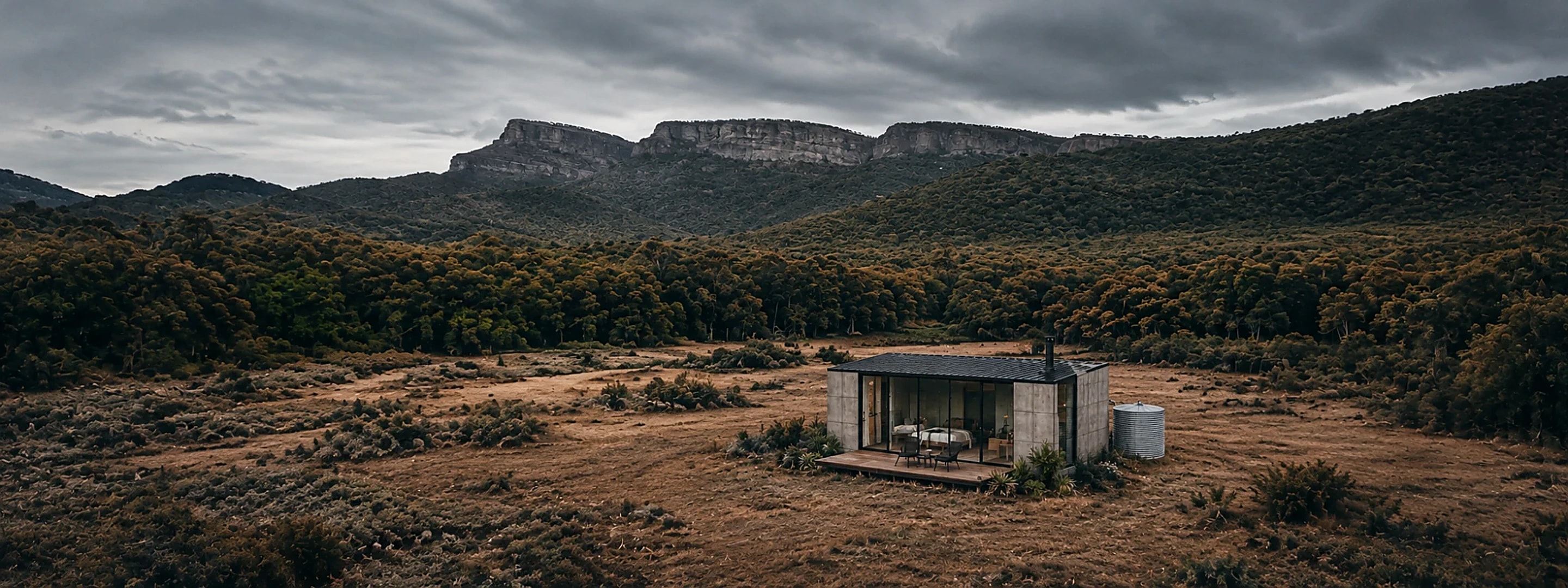 Vivienda CRUDO de paneles de hormigón y frente vidriado, con deck de madera, en un claro rodeado de monte y sierras