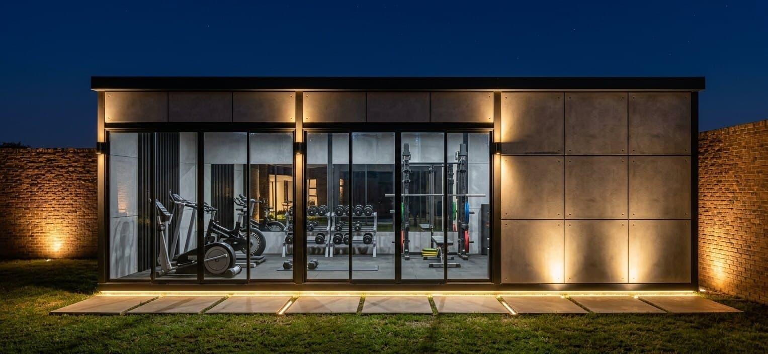 Gimnasio CRUDO de noche: frente vidriado, paneles de hormigón e iluminación exterior